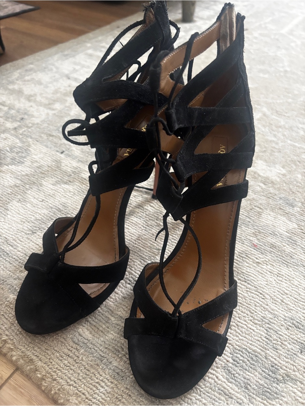 Aquazzura Black Suede Lace-Up High Heel Sandals